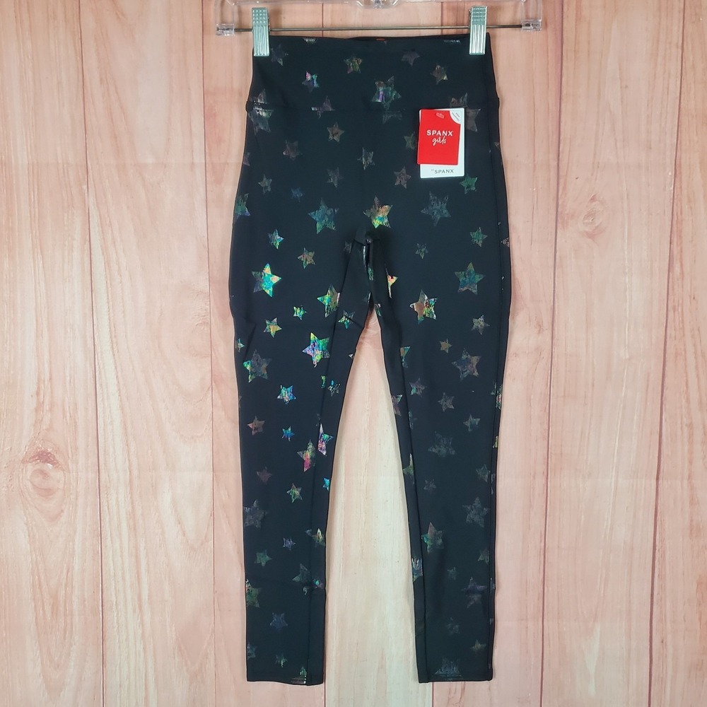 Spanx Faux Leggings Girls S Black Rainbow Leather Star Stretch High Rise Yoga